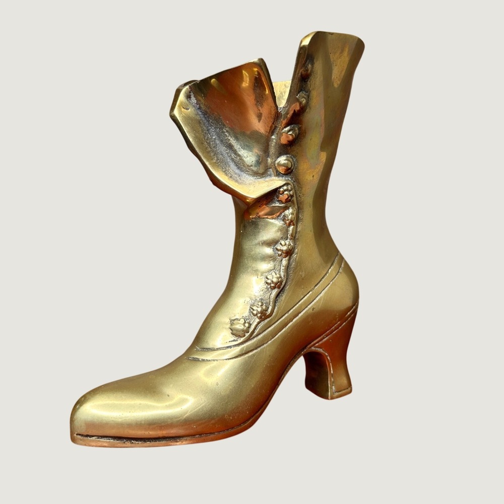 Vintage Solid Brass Victorian High Top Button Boot Vase Planter Decor 9" Whimsy